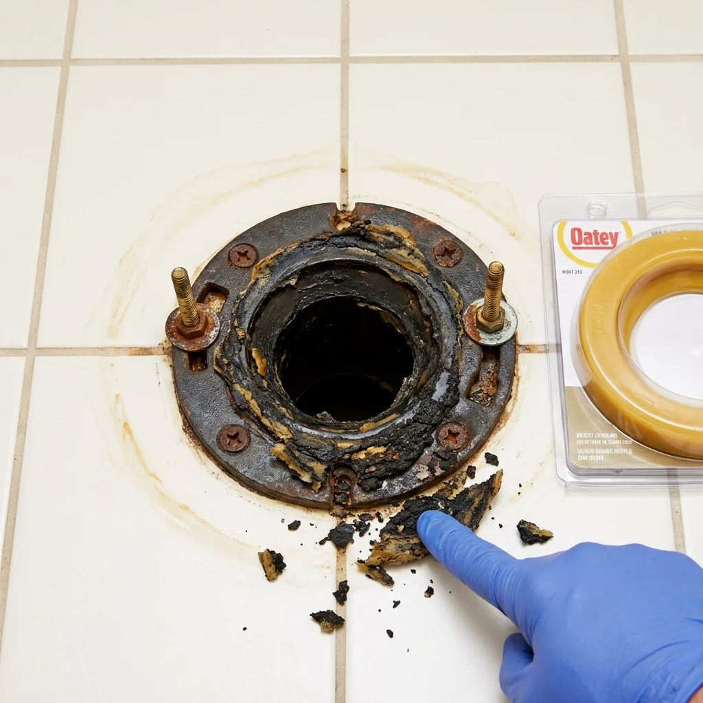 Failed wax ring showing water seepage at the base of a toilet in a Richland, GA home