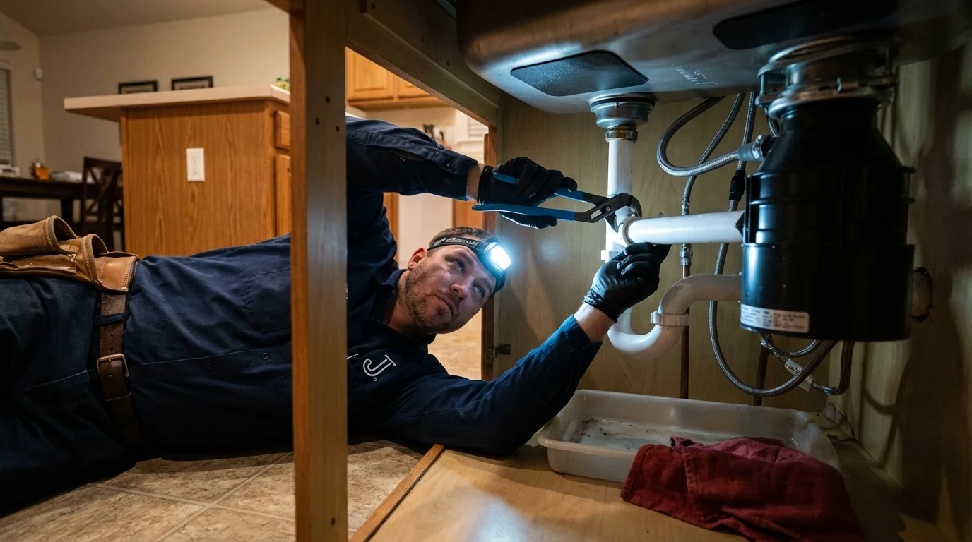 P-trap and supply line connections under a kitchen sink showing a common leak point in Richland, GA